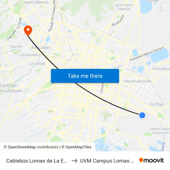 Cablebús Lomas de La Estancia to UVM Campus Lomas Verdes map