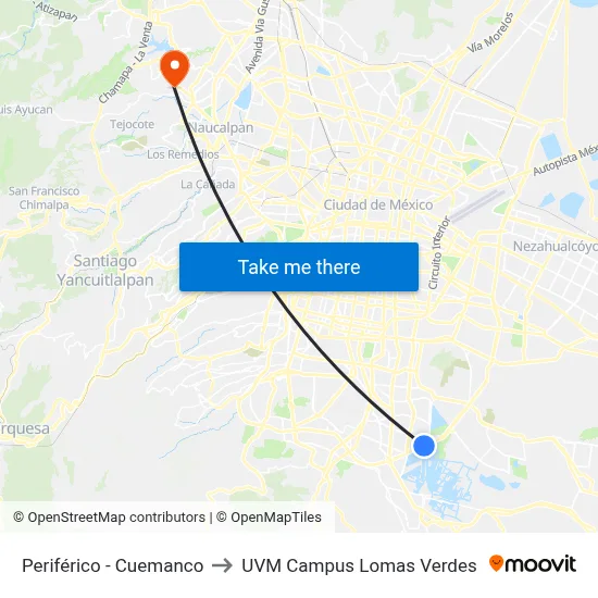 Periférico - Cuemanco to UVM Campus Lomas Verdes map