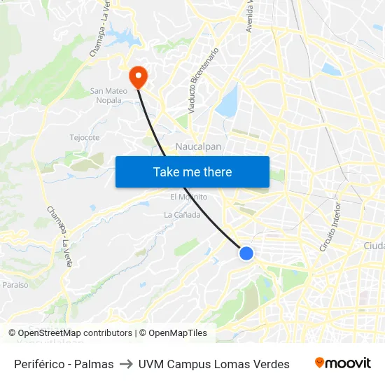 Periférico - Palmas to UVM Campus Lomas Verdes map
