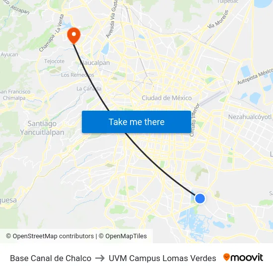 Base Canal de Chalco to UVM Campus Lomas Verdes map