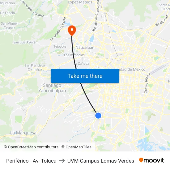 Periférico - Av. Toluca to UVM Campus Lomas Verdes map