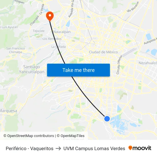 Periférico - Vaqueritos to UVM Campus Lomas Verdes map