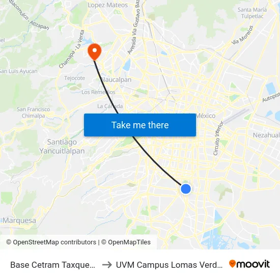 Base Cetram Taxqueña to UVM Campus Lomas Verdes map
