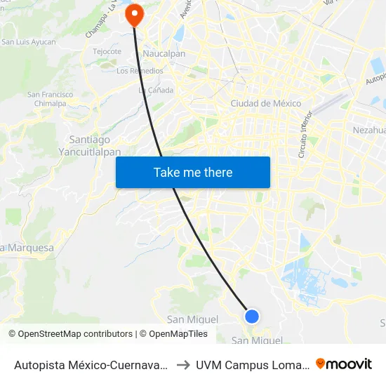 Autopista México-Cuernavaca - Retorno to UVM Campus Lomas Verdes map