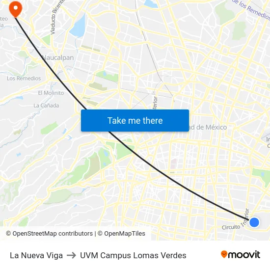 La Nueva Viga to UVM Campus Lomas Verdes map