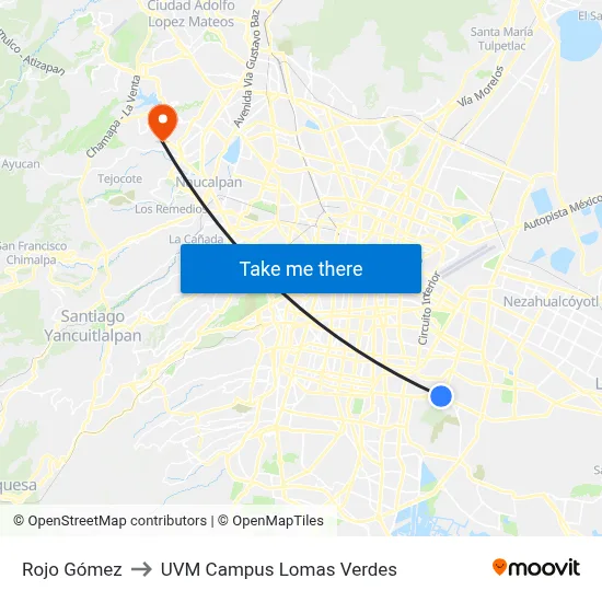 Rojo Gómez to UVM Campus Lomas Verdes map