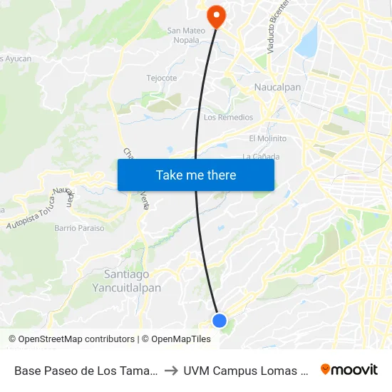 Base Paseo de Los Tamarindos to UVM Campus Lomas Verdes map