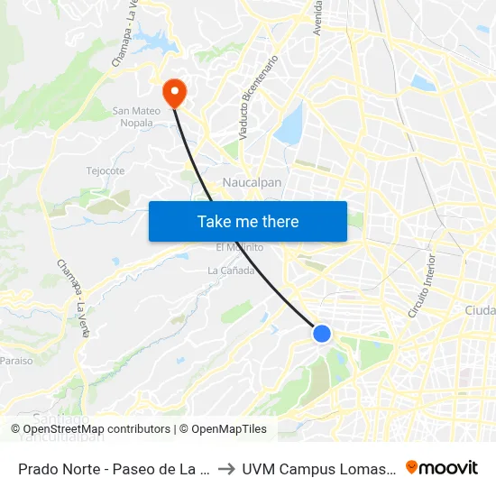 Prado Norte - Paseo de La Reforma to UVM Campus Lomas Verdes map