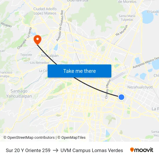 Sur 20 Y Oriente 259 to UVM Campus Lomas Verdes map
