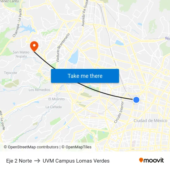 Eje 2 Norte to UVM Campus Lomas Verdes map