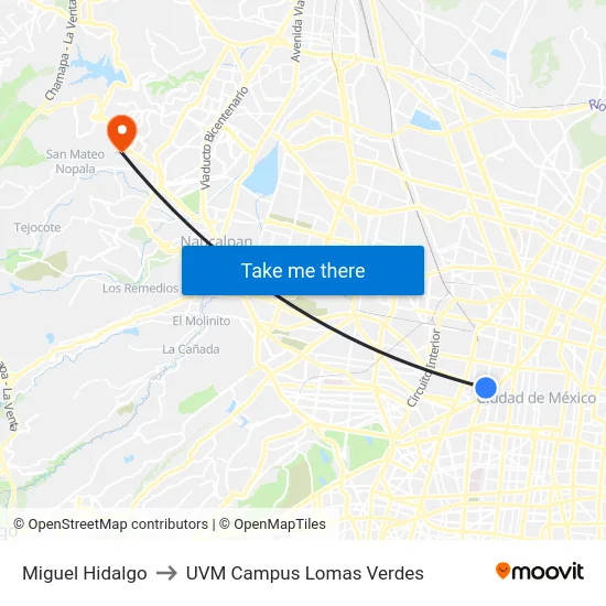 Miguel Hidalgo to UVM Campus Lomas Verdes map