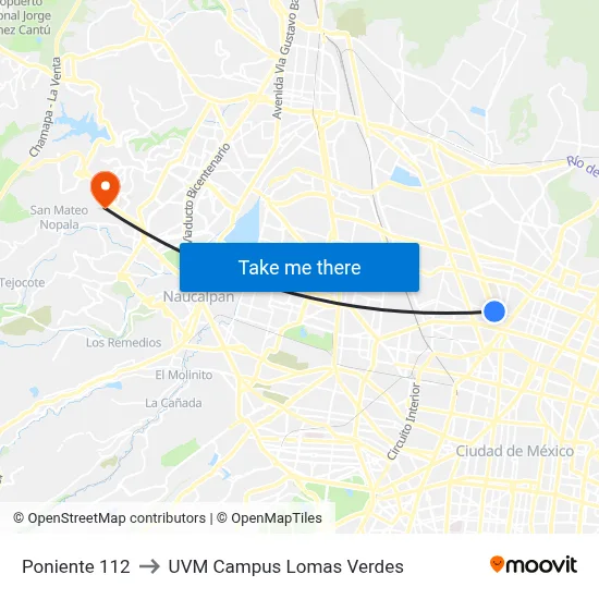 Poniente 112 to UVM Campus Lomas Verdes map