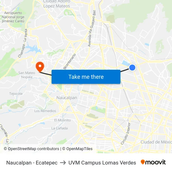 Naucalpan - Ecatepec to UVM Campus Lomas Verdes map