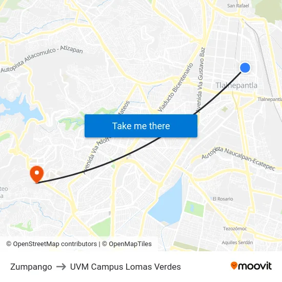 Zumpango to UVM Campus Lomas Verdes map