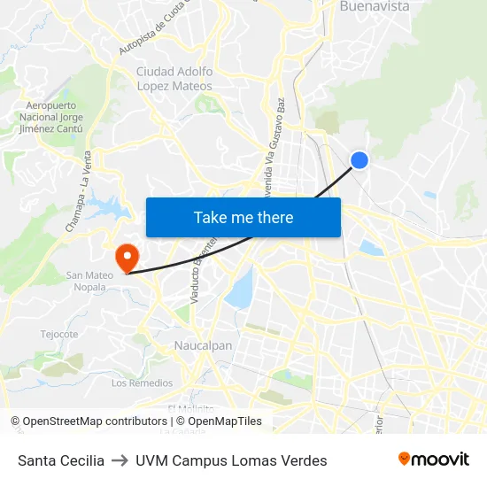 Santa Cecilia to UVM Campus Lomas Verdes map