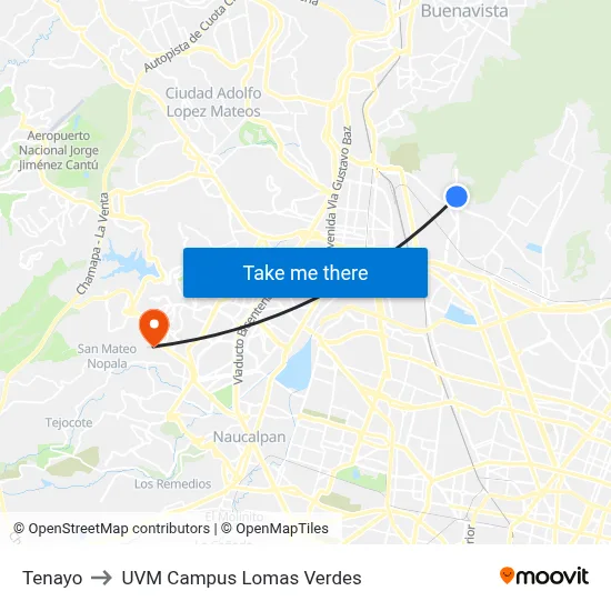 Tenayo to UVM Campus Lomas Verdes map