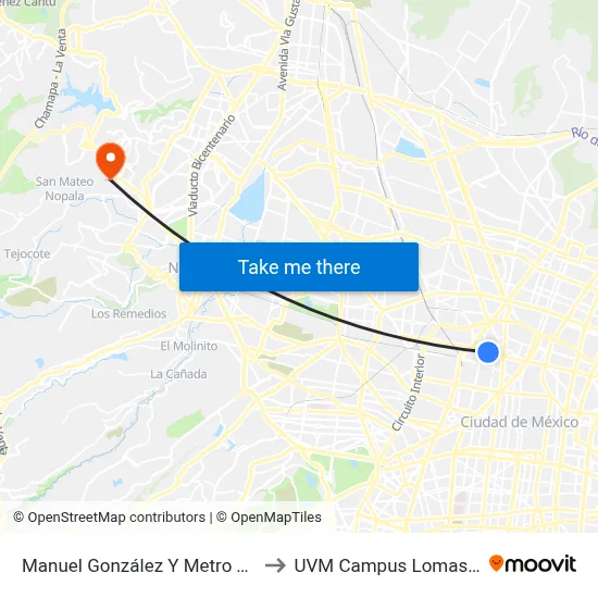 Manuel González Y Metro Tlatelolco to UVM Campus Lomas Verdes map