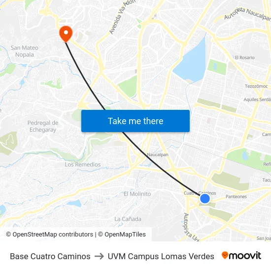 Base Cuatro Caminos to UVM Campus Lomas Verdes map