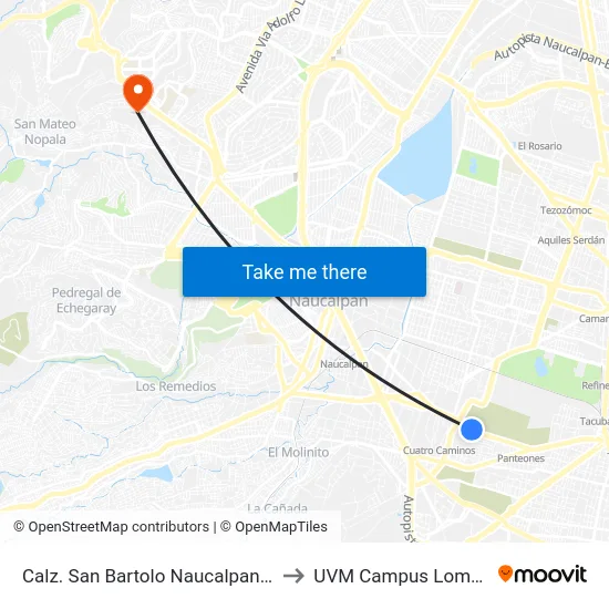 Calz. San Bartolo Naucalpan - Gral. Arista to UVM Campus Lomas Verdes map