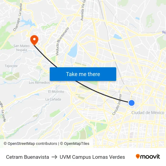 Cetram Buenavista to UVM Campus Lomas Verdes map