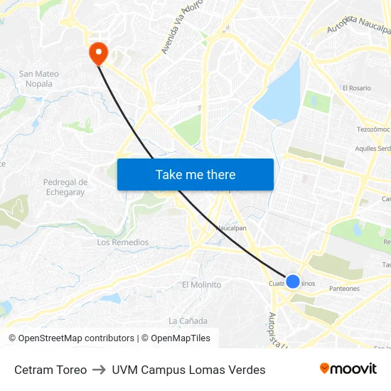 Cetram Toreo to UVM Campus Lomas Verdes map