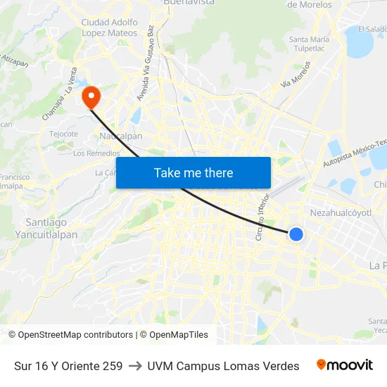 Sur 16 Y Oriente 259 to UVM Campus Lomas Verdes map