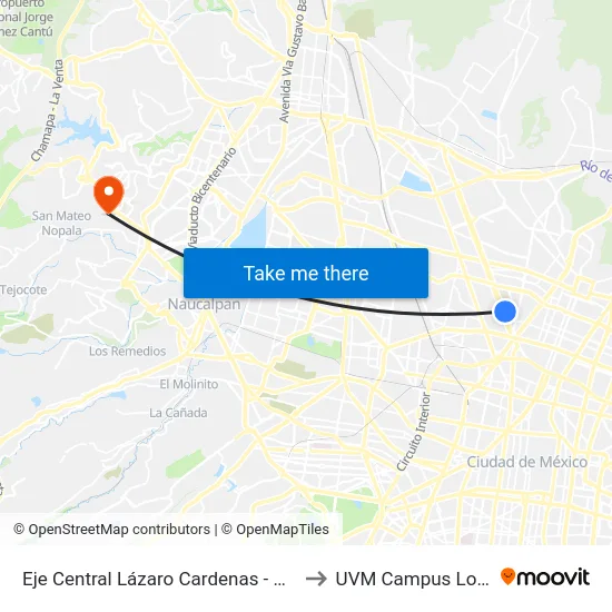 Eje Central Lázaro Cardenas - Autobuses del Norte to UVM Campus Lomas Verdes map