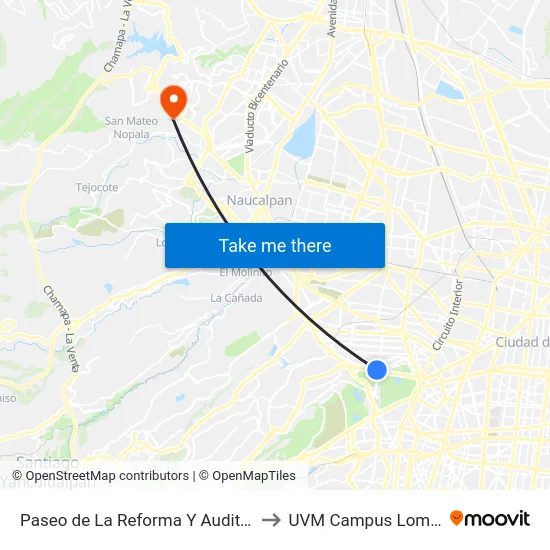 Paseo de La Reforma Y Auditorio Nacional I to UVM Campus Lomas Verdes map