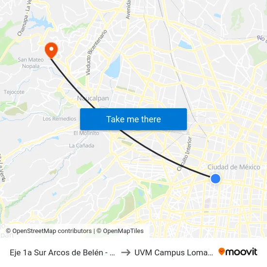 Eje 1a Sur Arcos de Belén - Luis Moyas to UVM Campus Lomas Verdes map