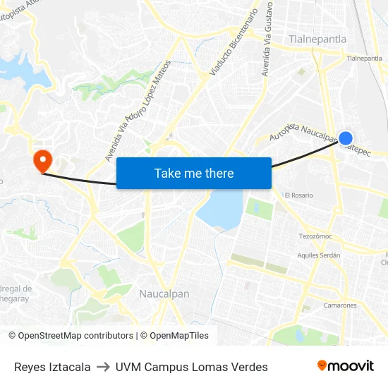 Reyes Iztacala to UVM Campus Lomas Verdes map