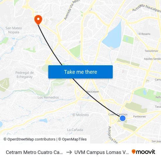 Cetram Metro Cuatro Caminos to UVM Campus Lomas Verdes map