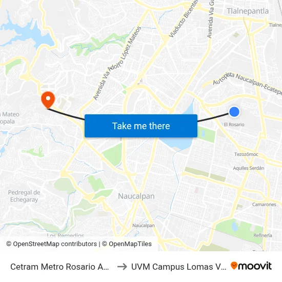 Cetram Metro Rosario Anden A to UVM Campus Lomas Verdes map