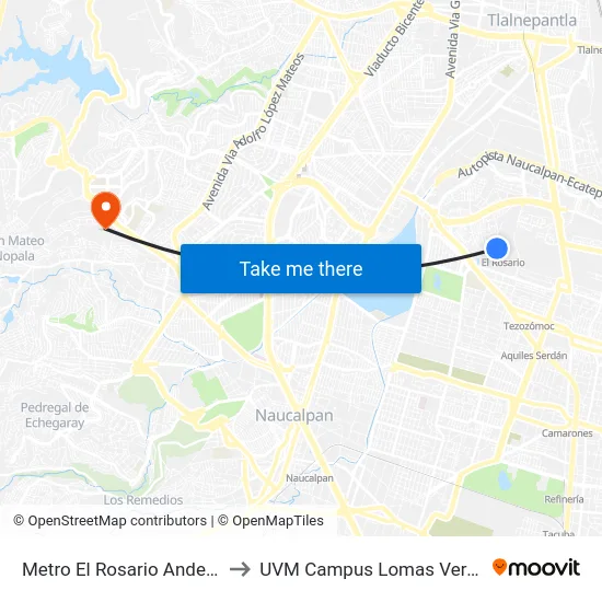 Metro El Rosario Anden A to UVM Campus Lomas Verdes map