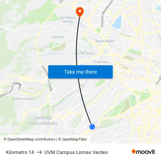 Kilometro 14 to UVM Campus Lomas Verdes map