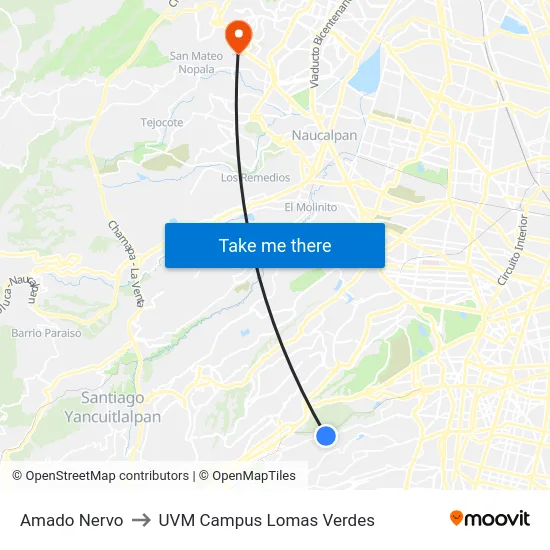 Amado Nervo to UVM Campus Lomas Verdes map