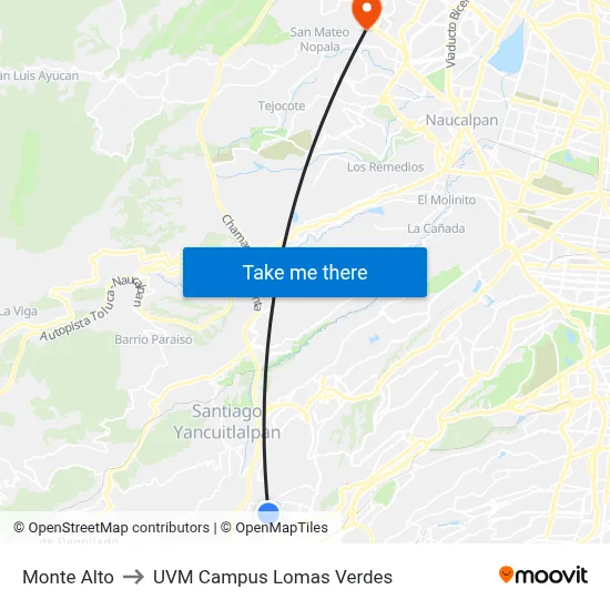 Monte Alto to UVM Campus Lomas Verdes map
