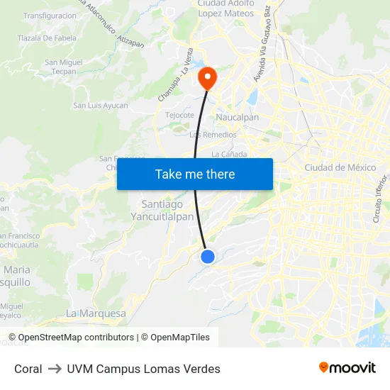 Coral to UVM Campus Lomas Verdes map