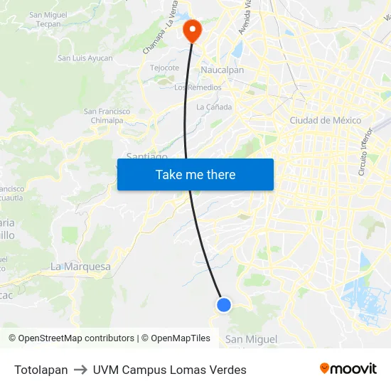 Totolapan to UVM Campus Lomas Verdes map