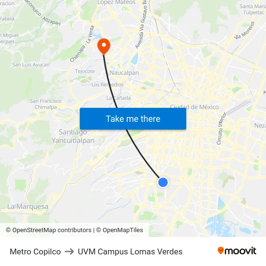 Metro Copilco to UVM Campus Lomas Verdes map