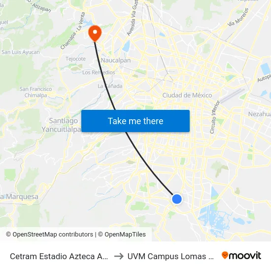 Cetram Estadio Azteca Anden A to UVM Campus Lomas Verdes map