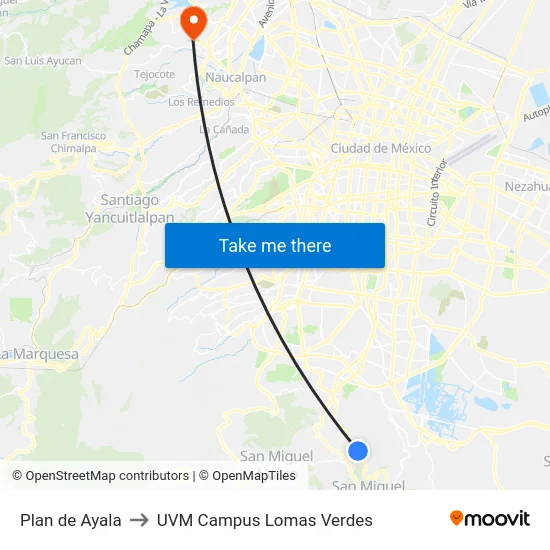 Plan de Ayala to UVM Campus Lomas Verdes map