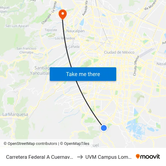 Carretera Federal A Cuernavaca - La Joya to UVM Campus Lomas Verdes map