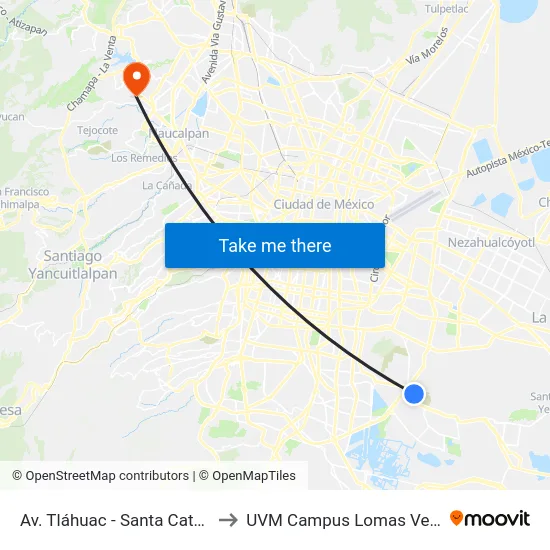 Av. Tláhuac - Santa Catarina to UVM Campus Lomas Verdes map