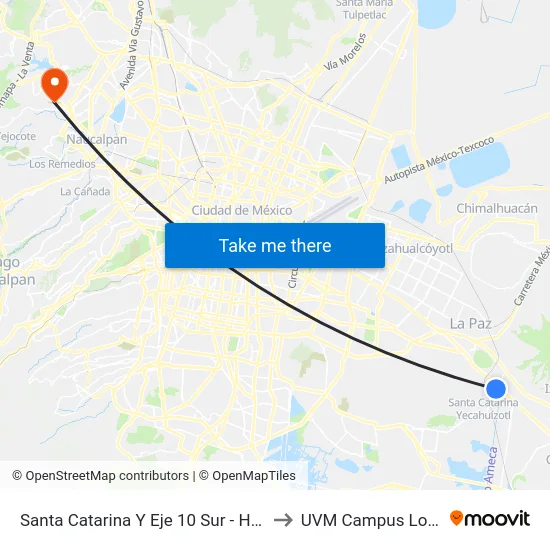 Santa Catarina Y Eje 10 Sur - Hospital Psiquiatrico to UVM Campus Lomas Verdes map