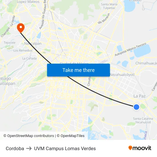 Cordoba to UVM Campus Lomas Verdes map