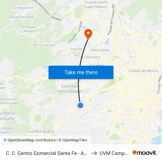 C. C. Centro Comercial Santa Fe - Av. Vasco de Quiroga Y Juan Salvador Agraz to UVM Campus Lomas Verdes map