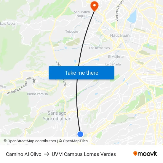 Camino Al Olivo to UVM Campus Lomas Verdes map