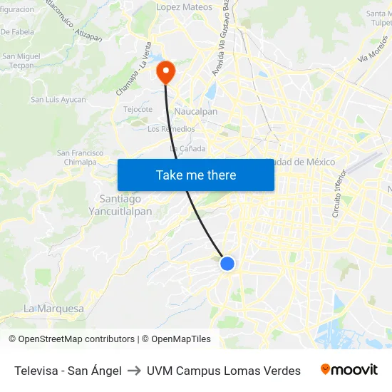 Televisa - San Ángel to UVM Campus Lomas Verdes map