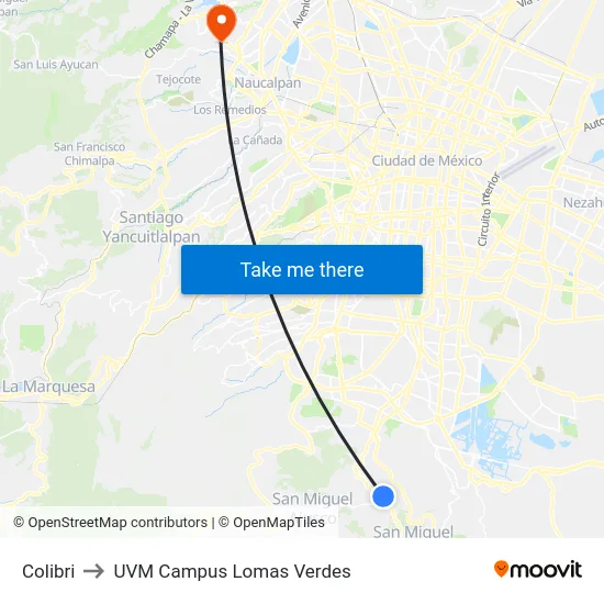 Colibri to UVM Campus Lomas Verdes map