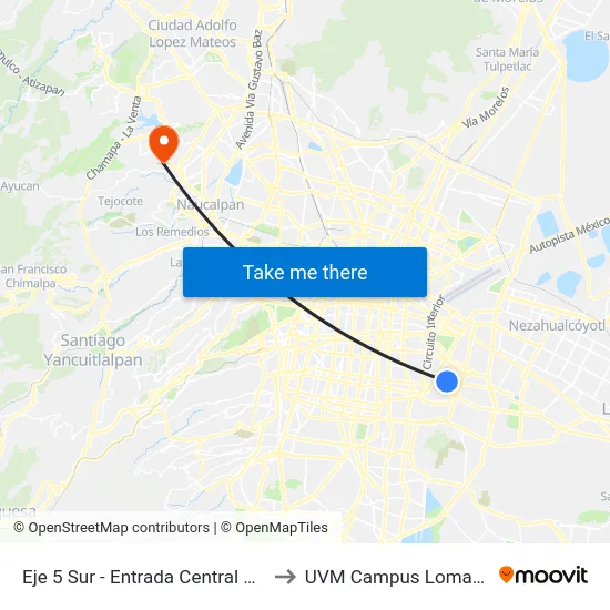 Eje 5 Sur - Entrada Central de Abastos to UVM Campus Lomas Verdes map